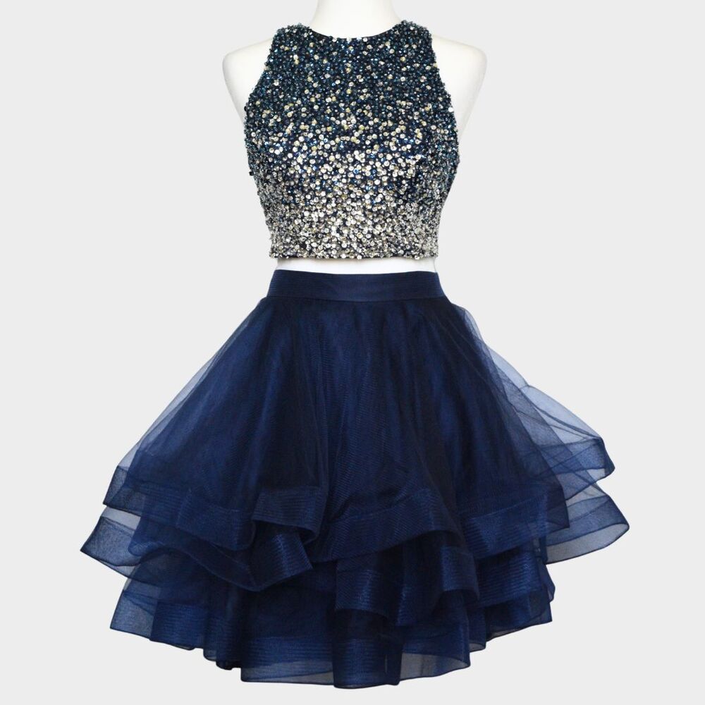 JVN by Jovani Two Piece Dress Navy Blue Beaded Sequin Homecoming Prom Size 8